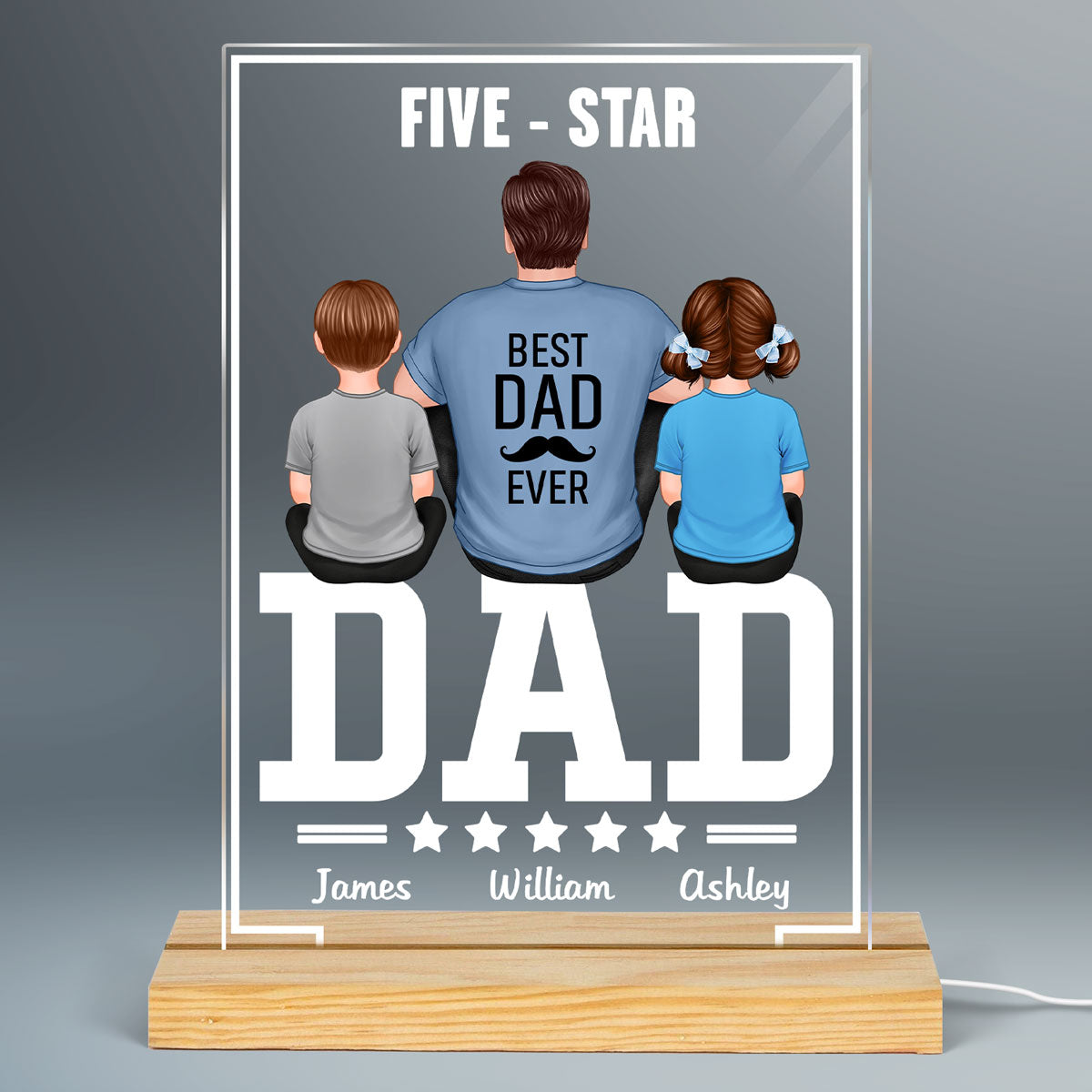 Five - Star Dad Back View Dad And Kids Personalized Rectangle Acrylic Plaque LED Night Light