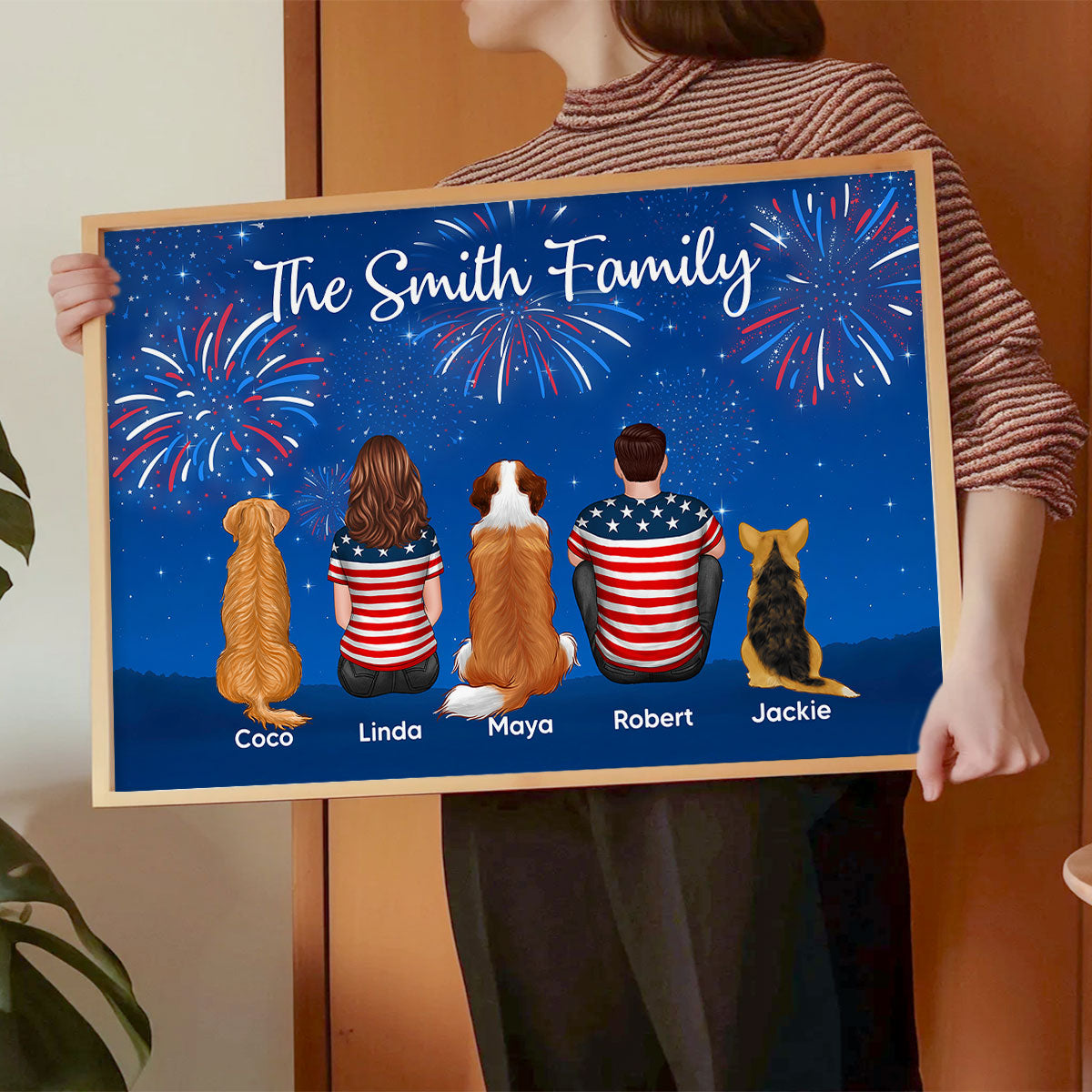 American Family At Night Firework 4th Of July Personalized Poster, Father's Day gift, gift for family