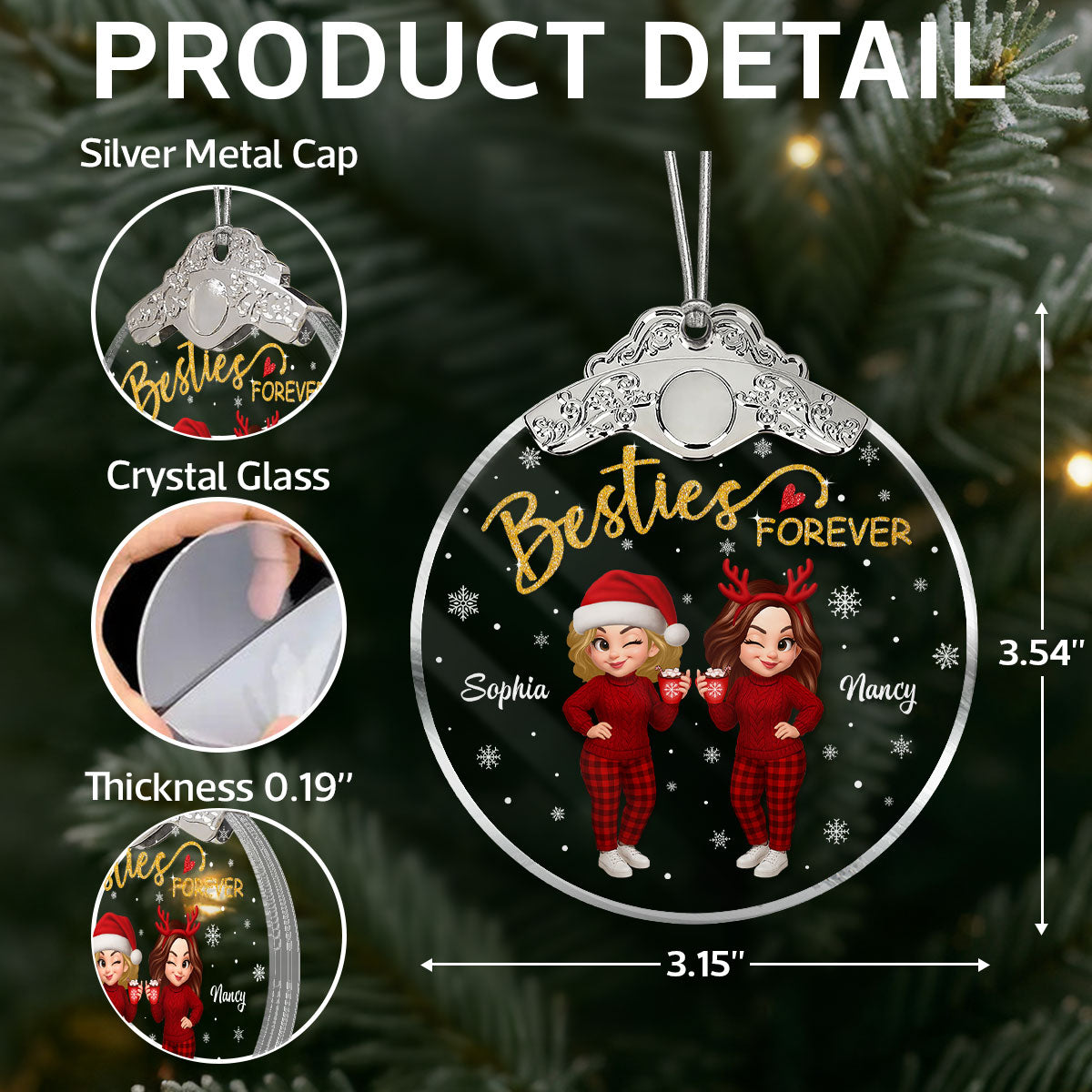 Christmas Pretty Besties Forever Together - Personalized Glass Ornament With Silver Cap