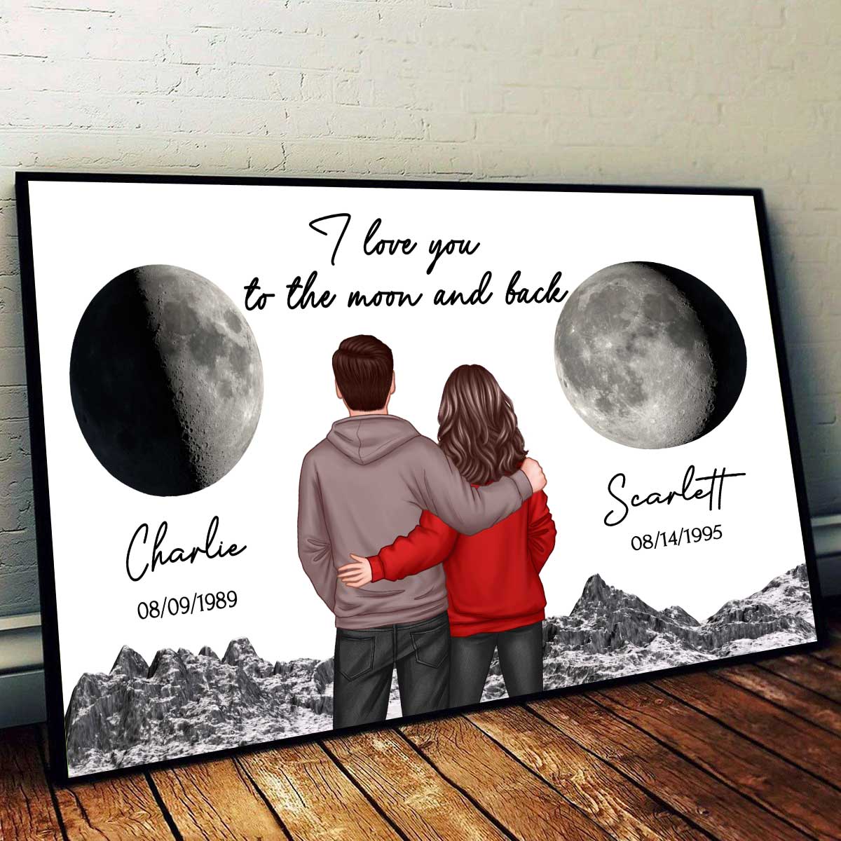 Back View Couple Custom Moon Phases I Love You To The Moon And Back Personalized Poster, Heartfelt Gift For Couple, For Him, For Her, Boyfriend, Girlfriend, Husband, Wife