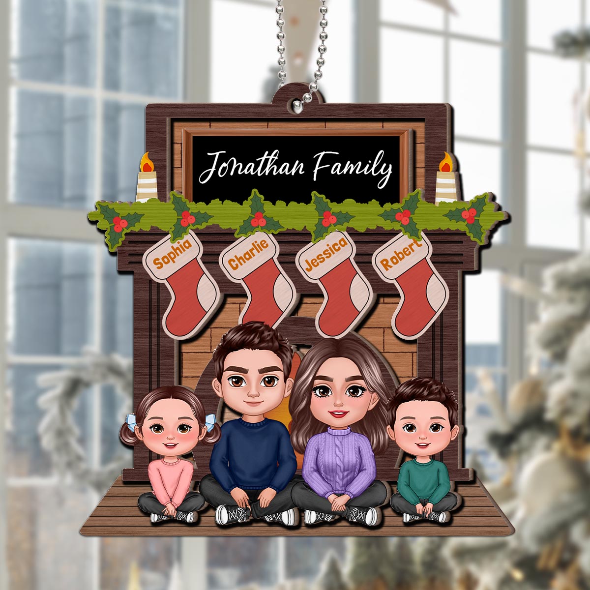Whole Family Sitting At Christmas Fireplace Personalized 2-Layer Wooden Ornament