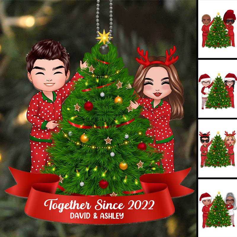 Doll Couple Decorating Christmas Tree Personalized Wooden Ornament