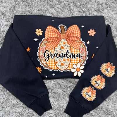Fall Season Lace Pattern Grandma Pumpkins Personalized Sleeve Printed Sweatshirt