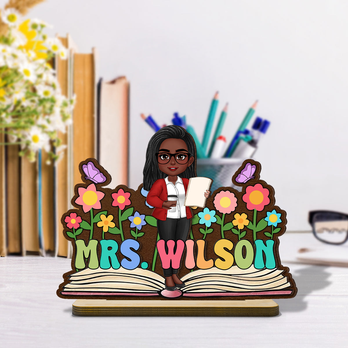 Teacher Flowers Book Personalized Standing Wooden Plaque, Back To School Gift for Teachers