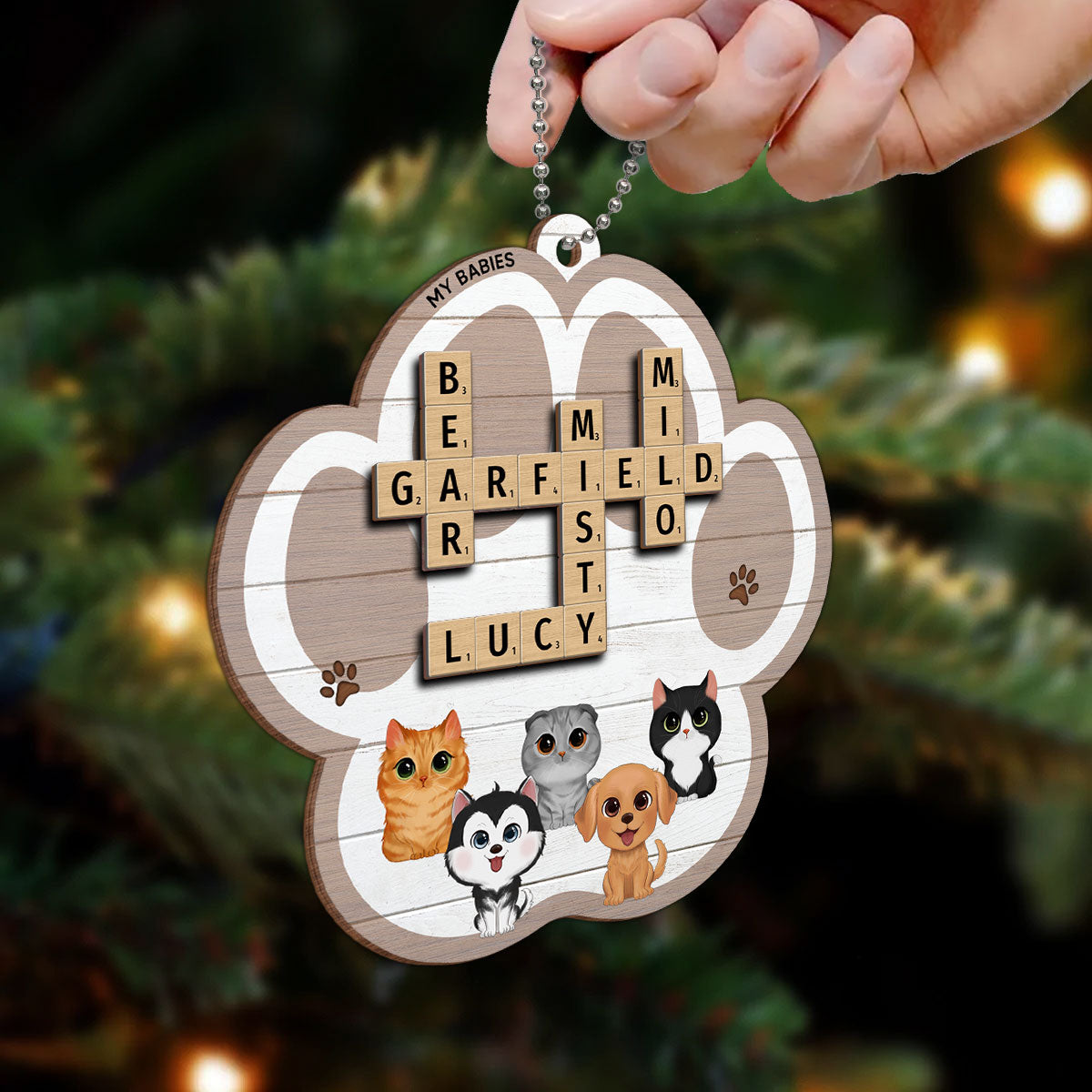 My Babies Dog Cat Crossword Puzzle Art Personalized Paw Shaped 2-Layer Wooden Ornament