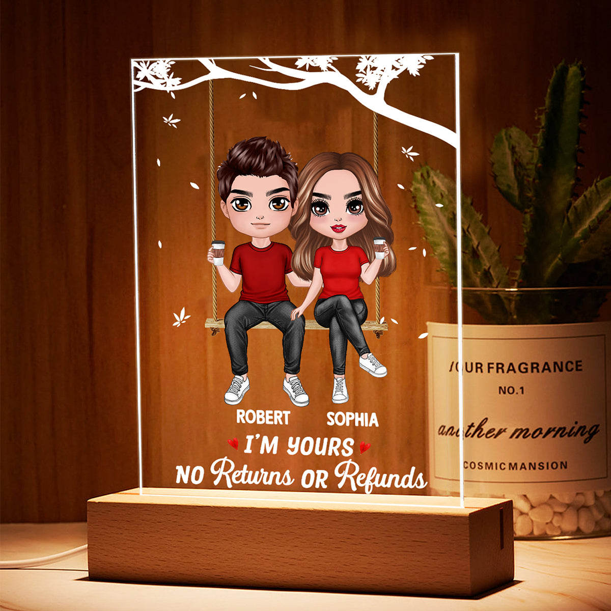 Doll Couple On Swing Together Since Personalized Rectangle Acrylic Plaque With LED Night Light - Valentine‘s Day Gift - Anniversary Gift For Her - Gift For Him