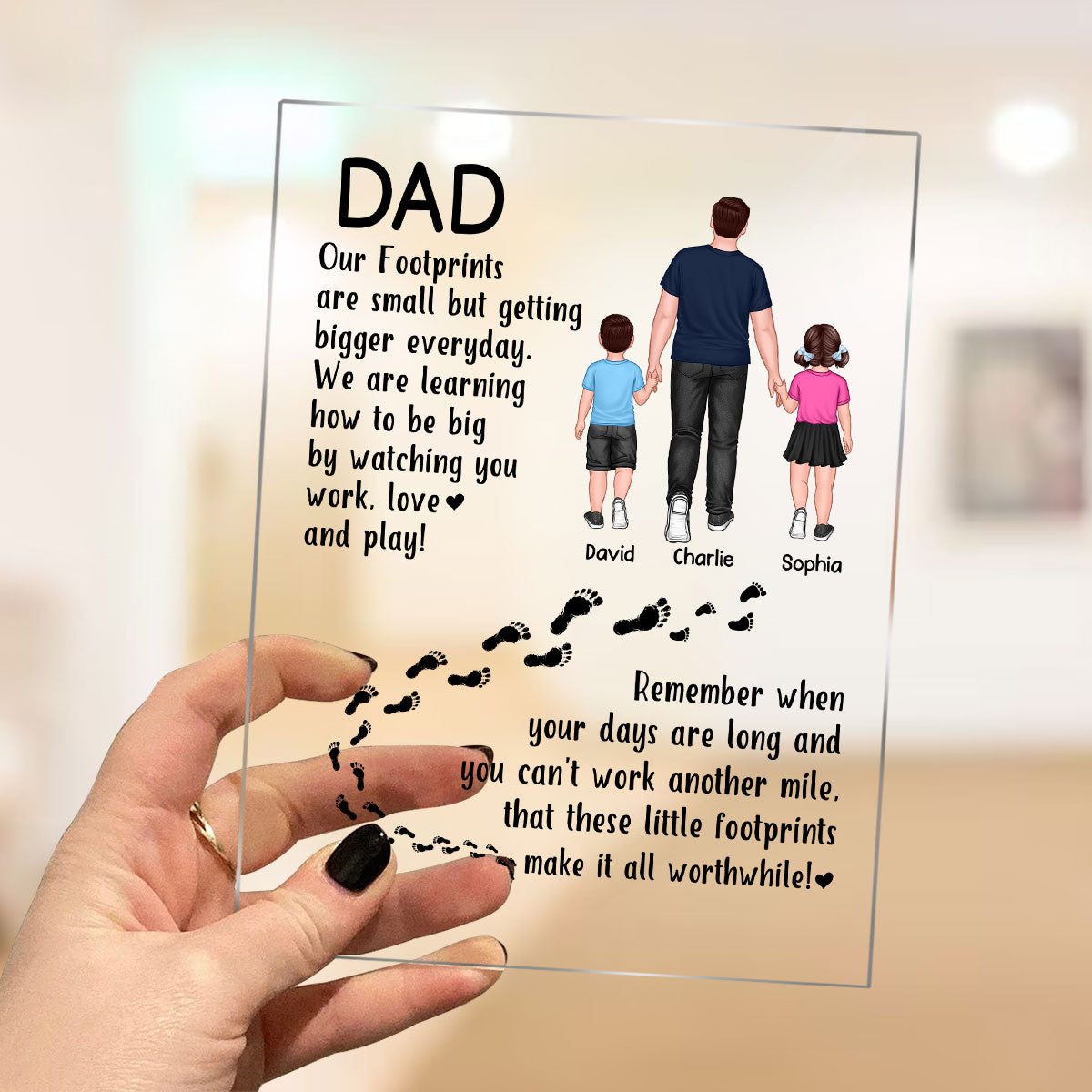Dad And Kids Walking Back View Footprints Personalized Acrylic Plaque