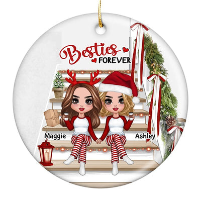 Besties Sisters Sitting On Christmas Stair Personalized Circle Ornament