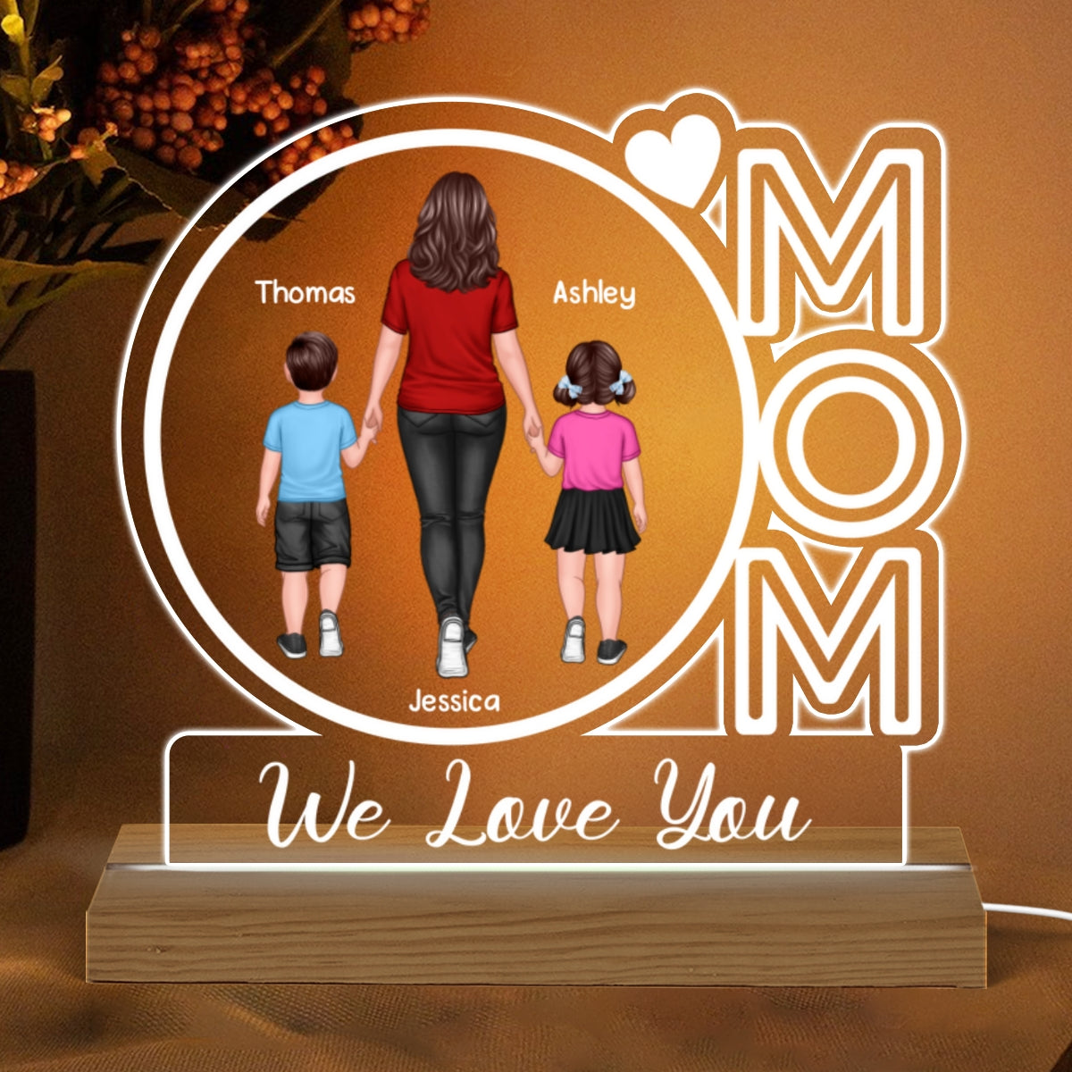 Mom We Love You Back View Walking Mom & Kids Personalized Custom Shape Acrylic Plaque With Warm LED Night Light
