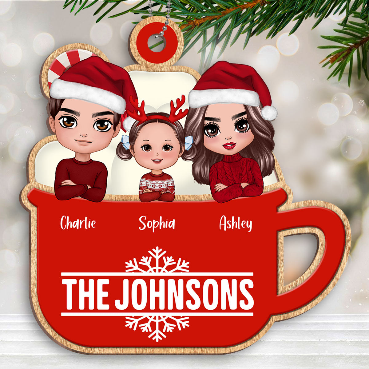 Christmas Whole Doll Family In Hot Cocoa Personalized Wooden Ornament