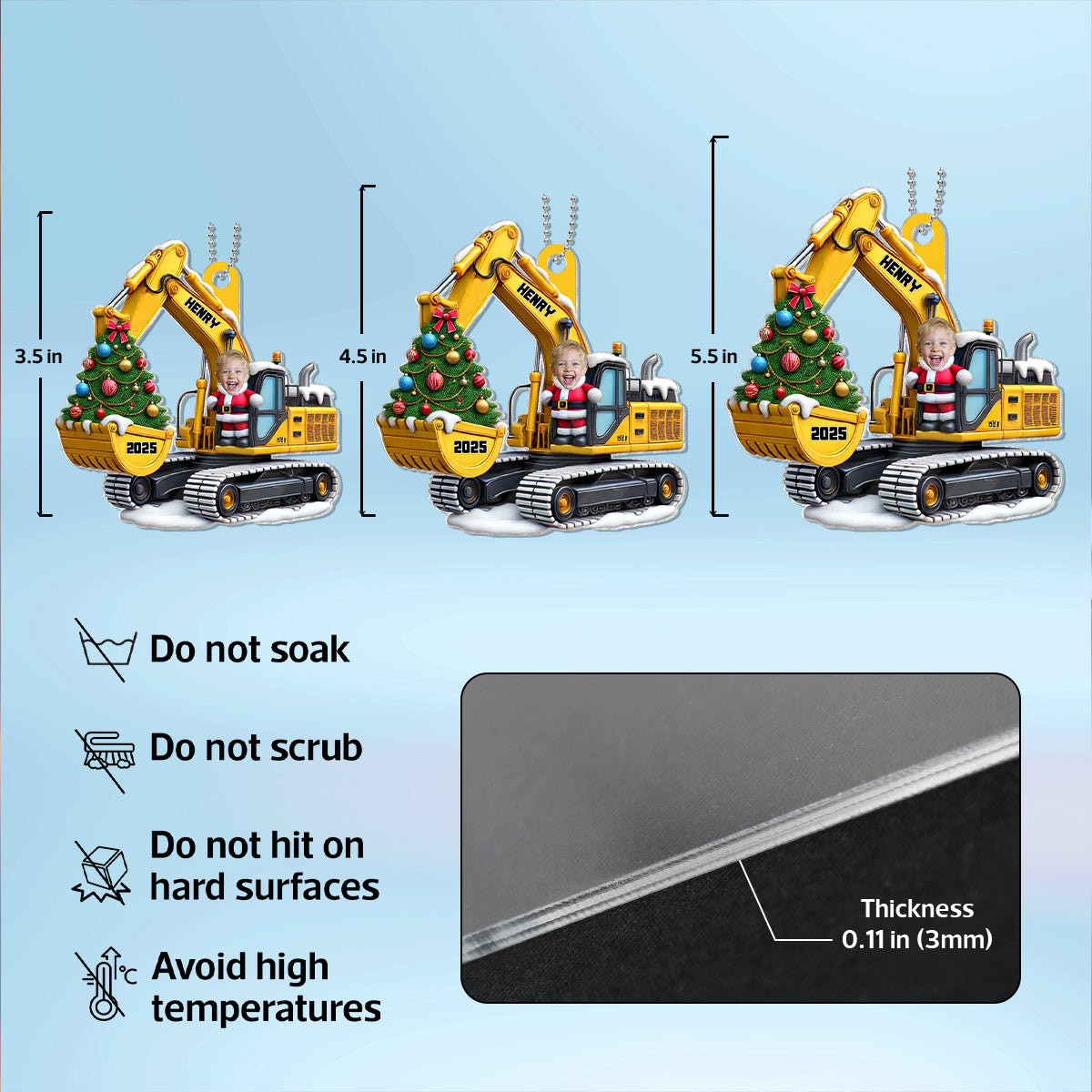 Personalized Xmas Excavator Construction Backhoe Kid Photo Ornament, 3D Effect Xmas Gift For Kids