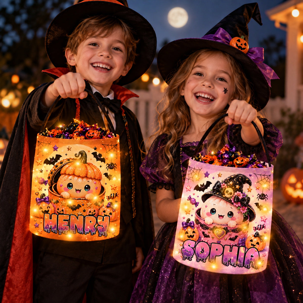 Kawaii Cute Halloween Dumpling - Personalized LED Trick or Treat Bucket - Custom Name Treat Bucket for Kids
