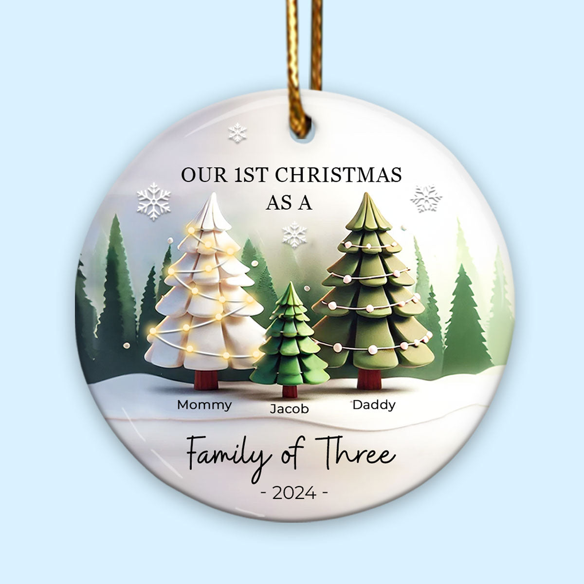 First Christmas As A Family Of 3, 3D Effect Personalized Ceramic Ornament, Christmas Gift For Newborn, New Mom, New Dad