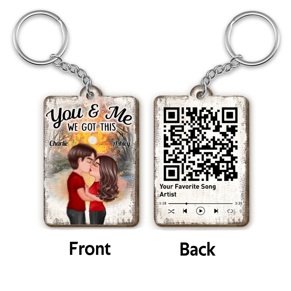 Doll Couple Kissing Sunset Forest Favorite Song QR Code Personalized Wooden Keychain