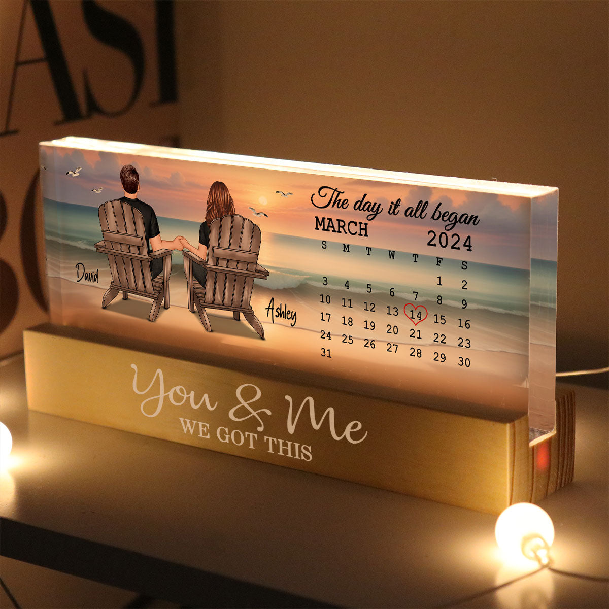Eternal Sunset Beach Couple Back View Anniversary Calendar Personalized Acrylic Block LED Night Light