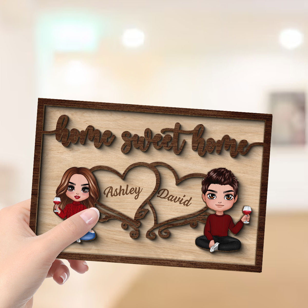 Couple Sitting Home Sweet Home Valentine‘s Day Gift For Him For Her Personalized 2-Layer Wooden Plaque