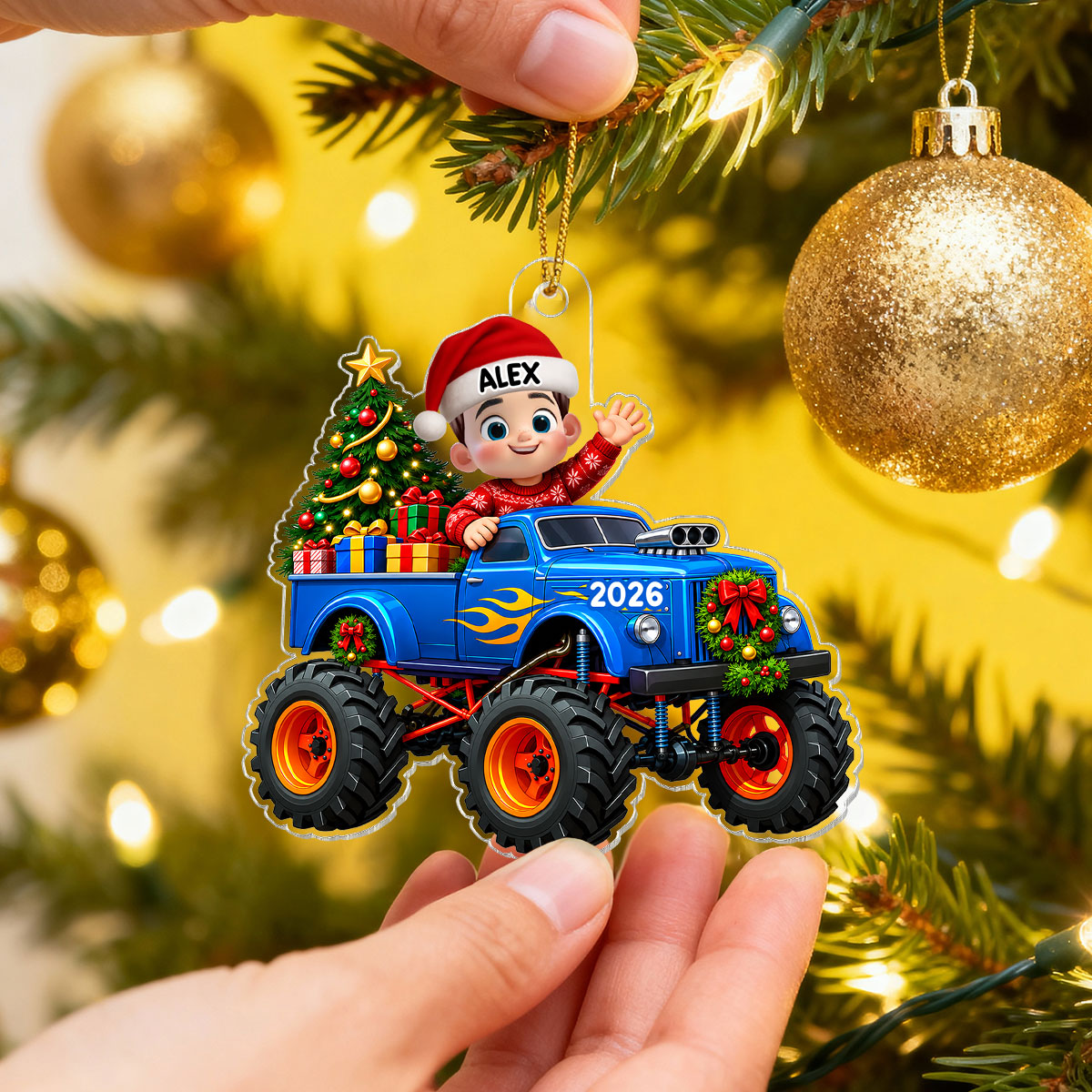 Little Kid With Monster Truck - Personalized Acrylic Ornament - Christmas Gift For Kids, Grandkids, Grandson, Granddaughter, Son, Daughter