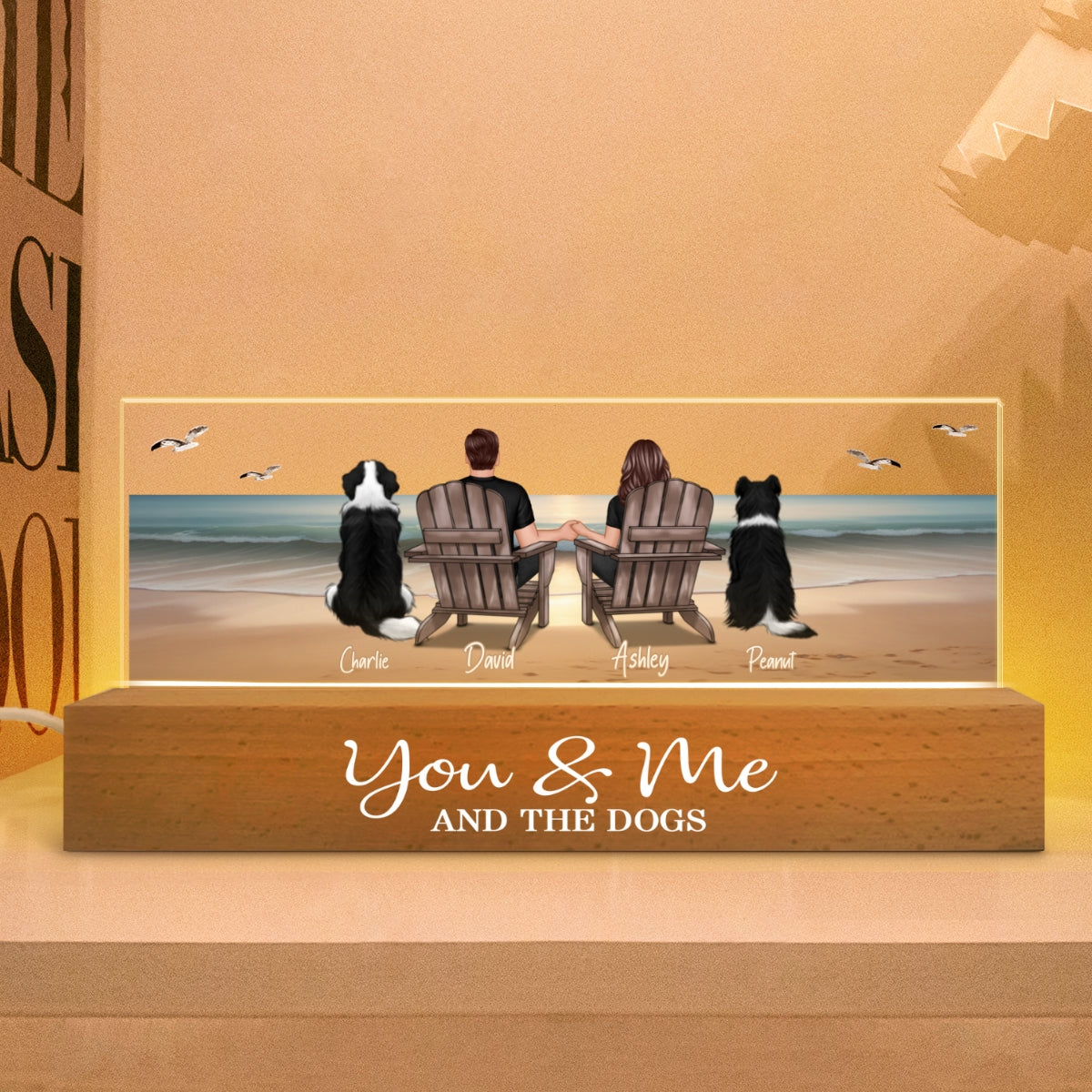 You Me And The Dogs Cats Couple Realistic Beach Landscape Personalized Acrylic Block LED Night Light