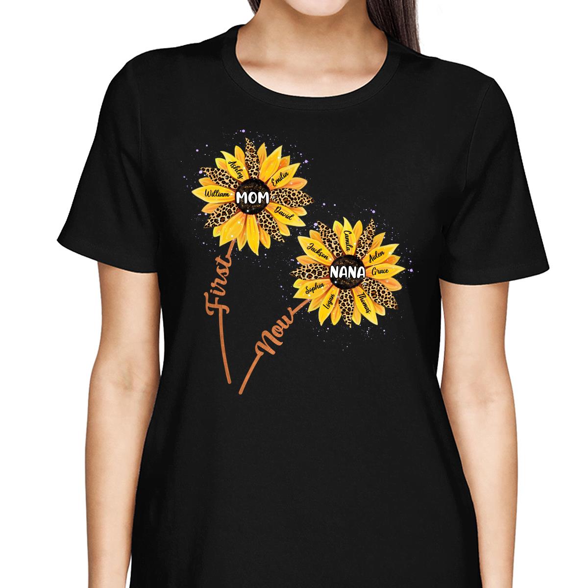 First Mom Now Grandma Sunflower Grandkids Names Personalized Shirt