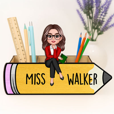 Doll Teacher Sitting On Pencil Personalized Wooden Pen Pencil Holder, Back To School Gift