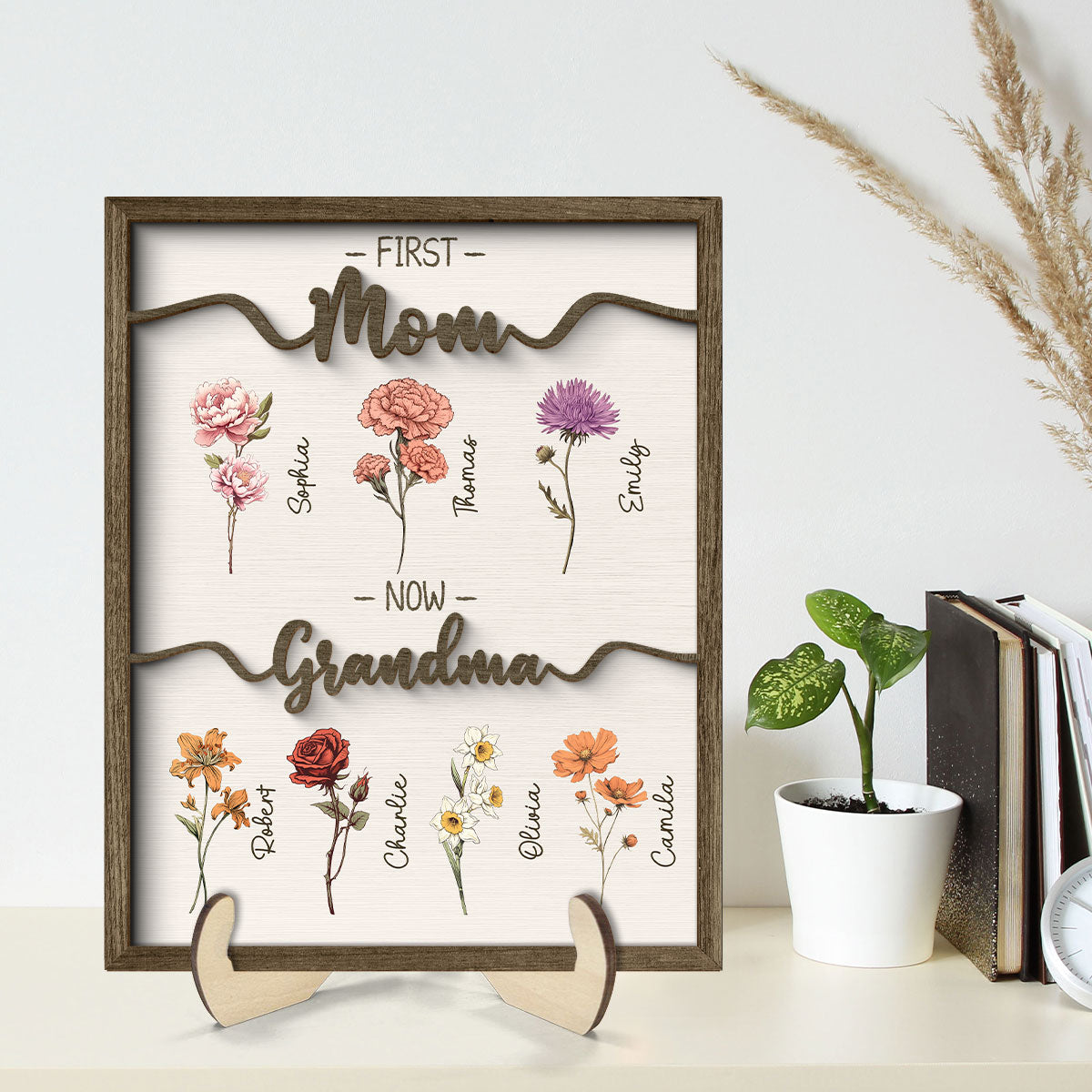 First Mom Now Grandma Vintage Birth Month Flowers Personalized 2-Layer Wooden Plaque, Heartfelt Gift For Grandma, Mom