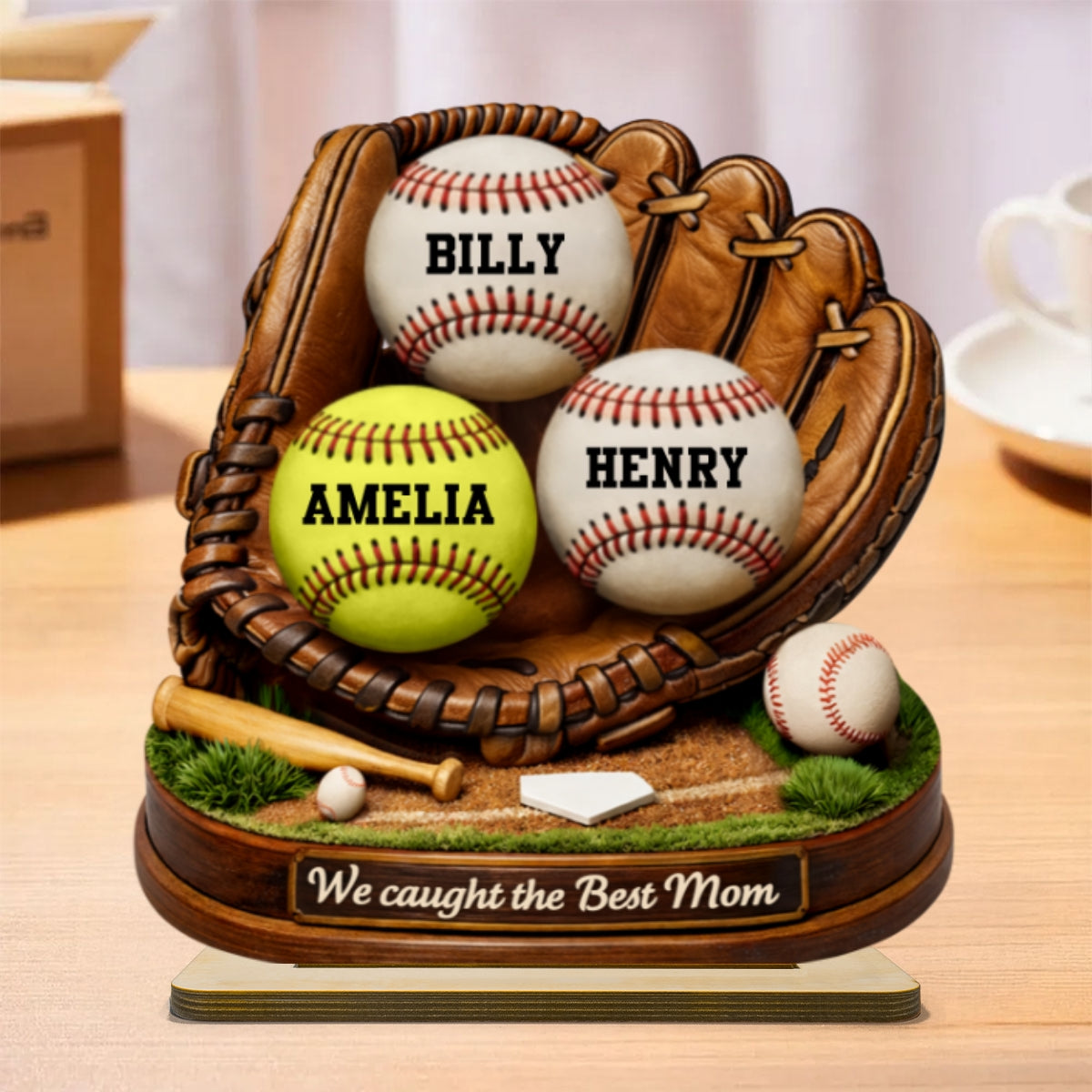 We Caught the Best Mom Baseball Softball - Personalized 2-Layered Wooden Plaque - Heartfelt Gift for Mom