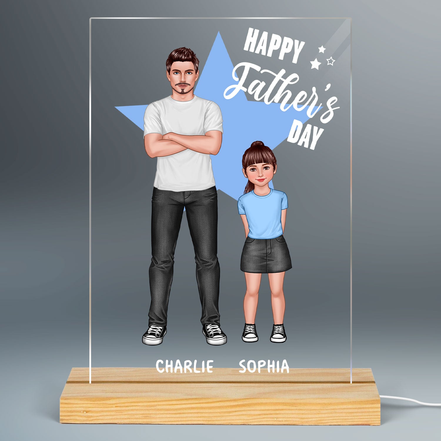 Dad And Kids Standing Star Background Personalized Rectangle Acrylic LED Night Light