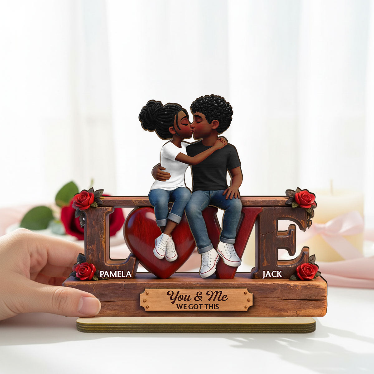 Roses LOVE Couple Sitting Kissing - Personalized 2-Layered Wooden Plaque - Heartfelt Gift For Couple, For Him, For Her