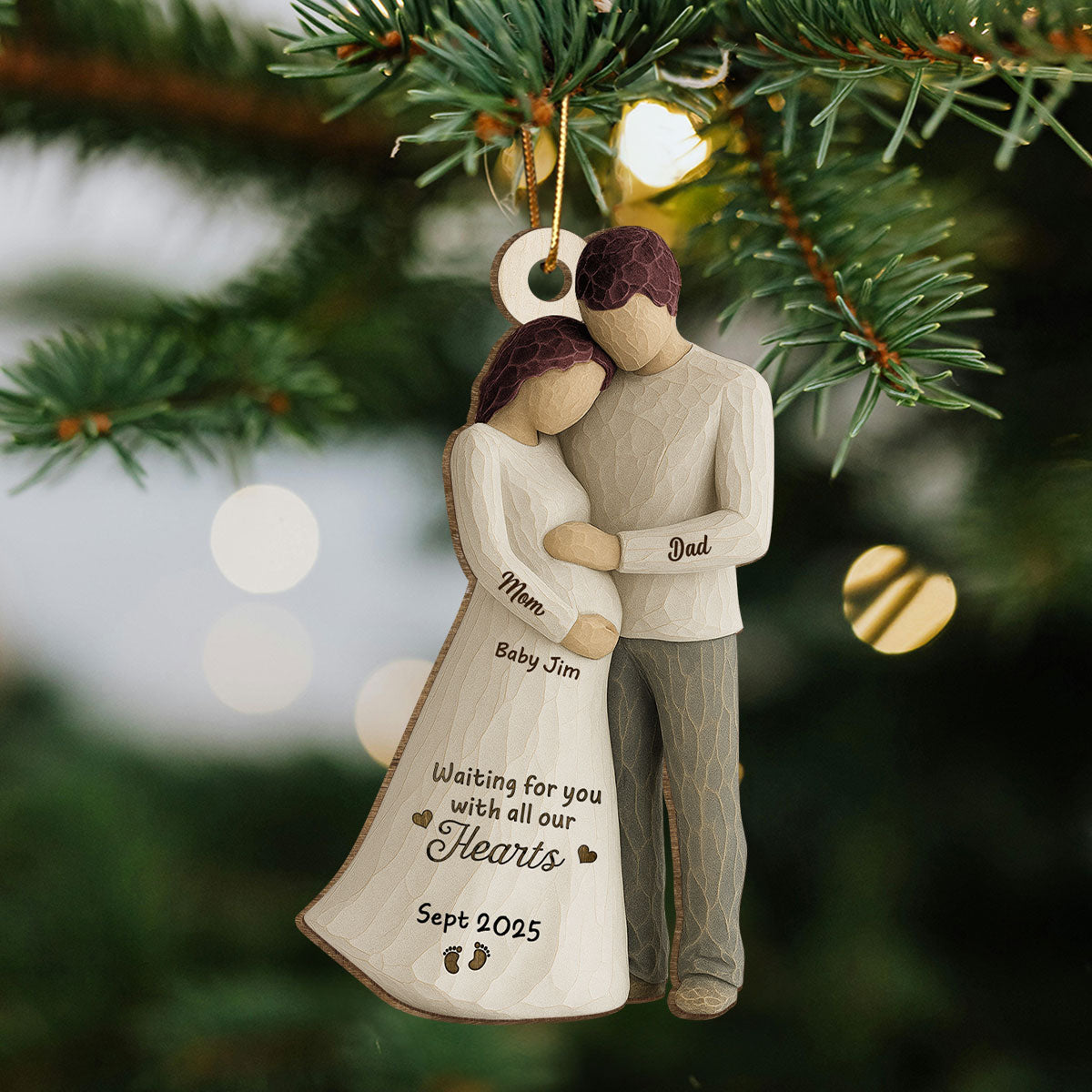 2D Flat Waiting For You With All Our Hearts Couple Expecting Baby - Personalized Wooden Ornament, Baby Shower Gift For Parents-to-be