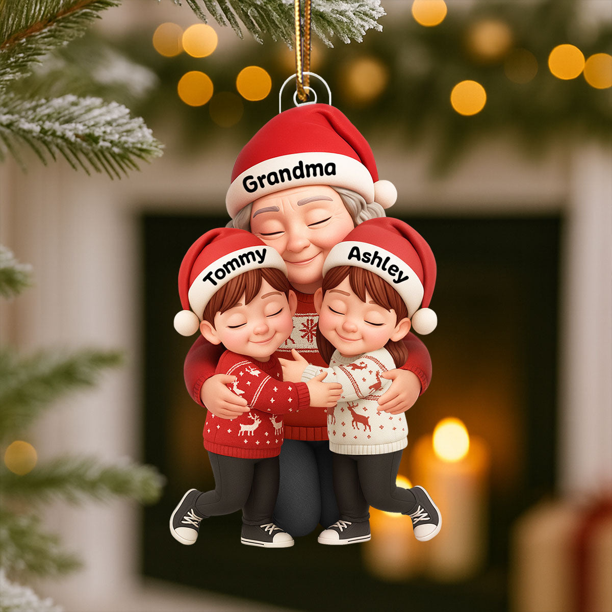 Grandma Hugging Grandkids - Personalized Acrylic Ornament - Heartwarming Christmas Gift for Grandma, Granddaughter, Grandson