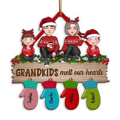 Grandma Grandpa Grandkids Sitting Christmas Glove Personalized Wooden Ornament