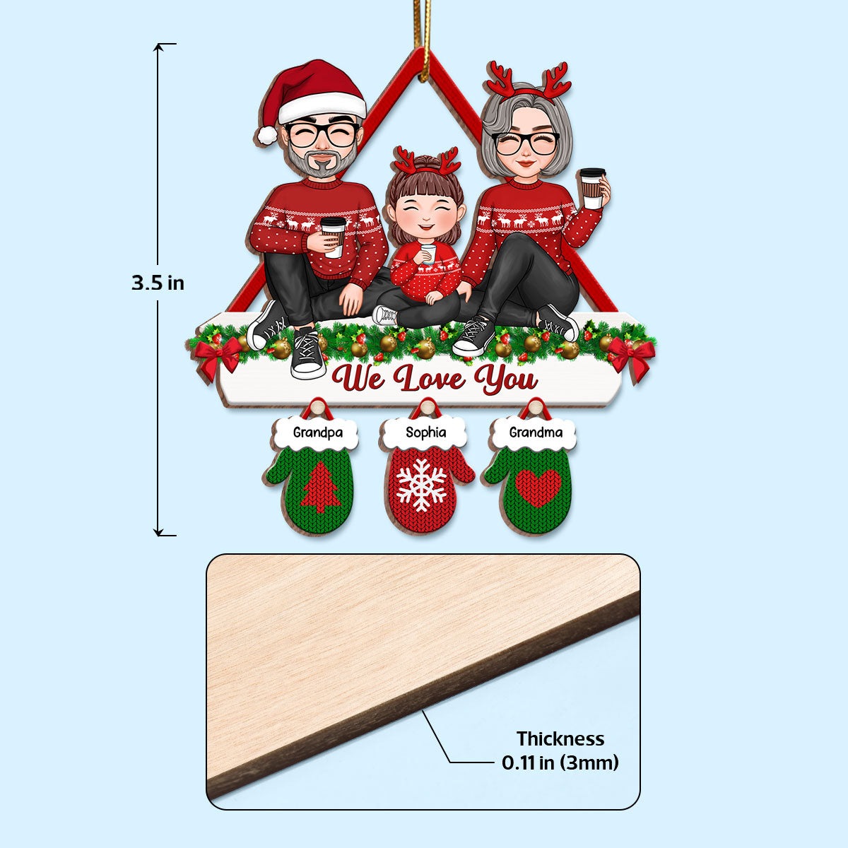 Cute Grandpa Grandma Grandparents & Kid Fireplace Mantel Gloves Christmas Gift For Grandchildren Personalized Wooden Ornament