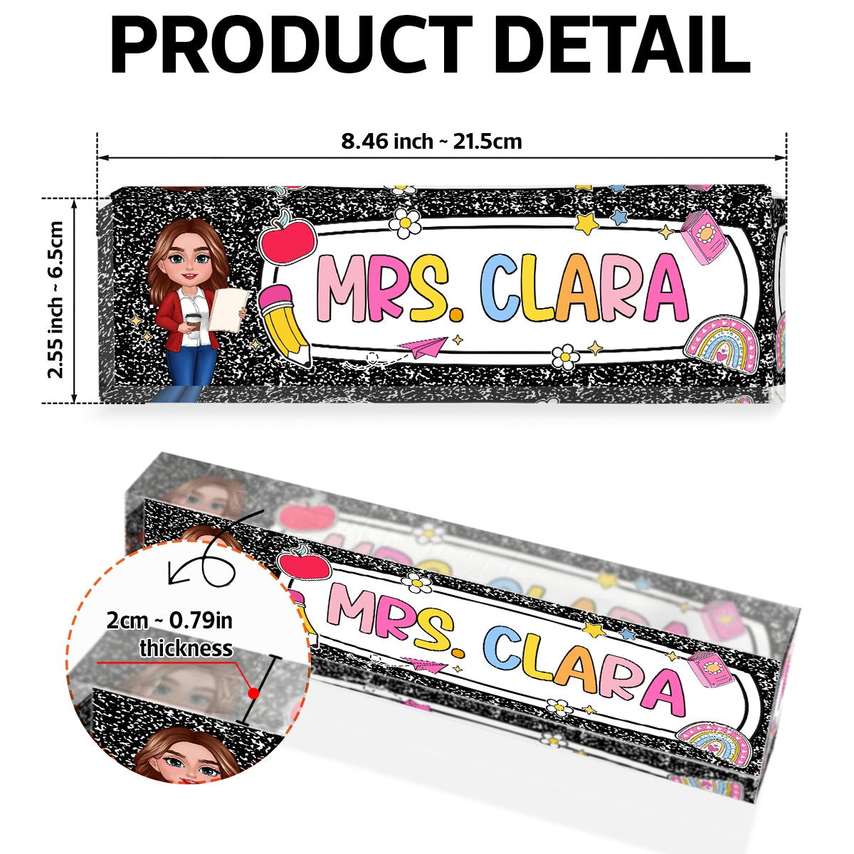 Teacher Composition Book Pattern Personalized Acrylic Desk Name Plate, Back To School Gift