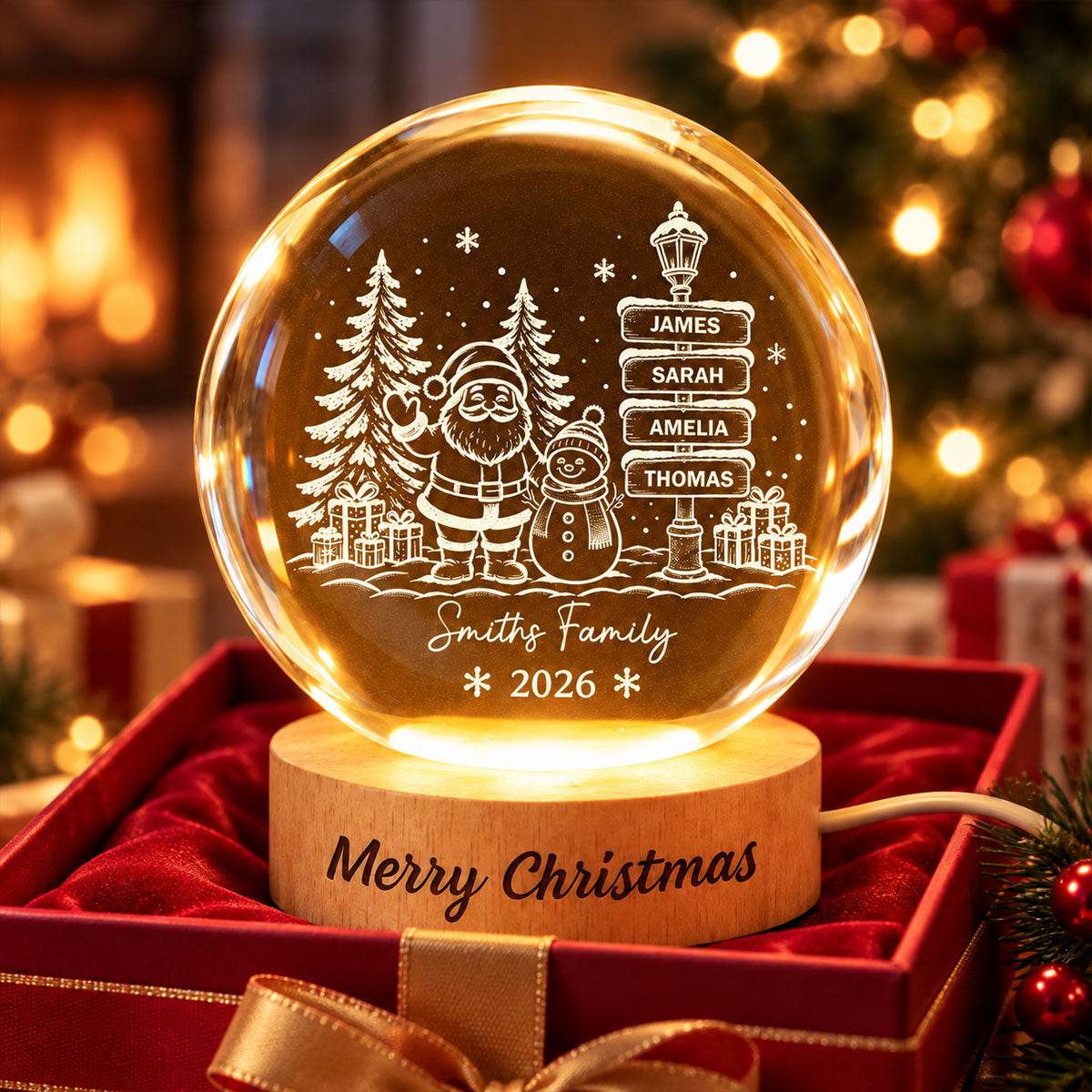 Family Name Sign Post - Personalized Crystal Ball LED Night Light - Christmas Decor for Family