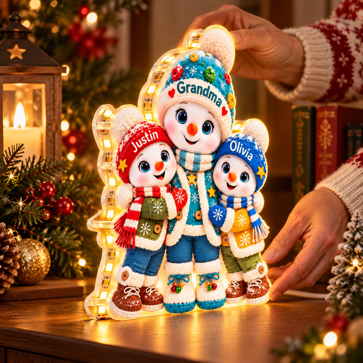 Cute Snowman Grandma and Grandkids - Personalized Light Box - Christmas Gift for Grandma 