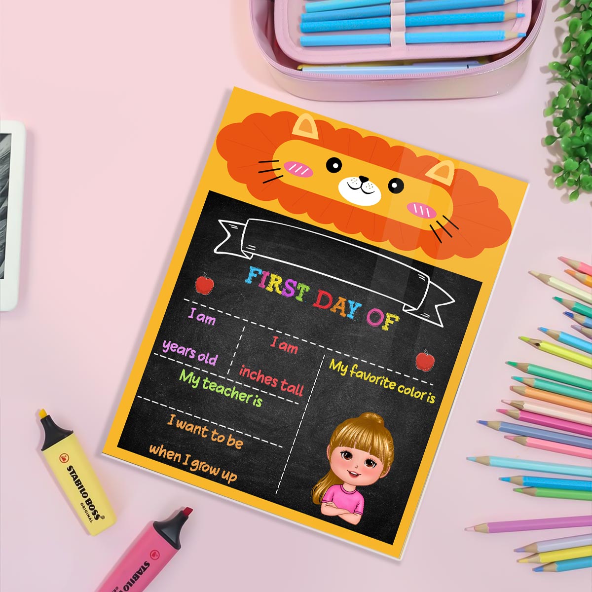 Lion Elephant Cute Kid First Day Of School Personalized Reusable Board Sign, Back To School Gift