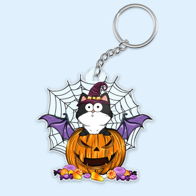 Halloween Funny Expression Cats On Pumpkin Spider Net Personalized Acrylic Keychain