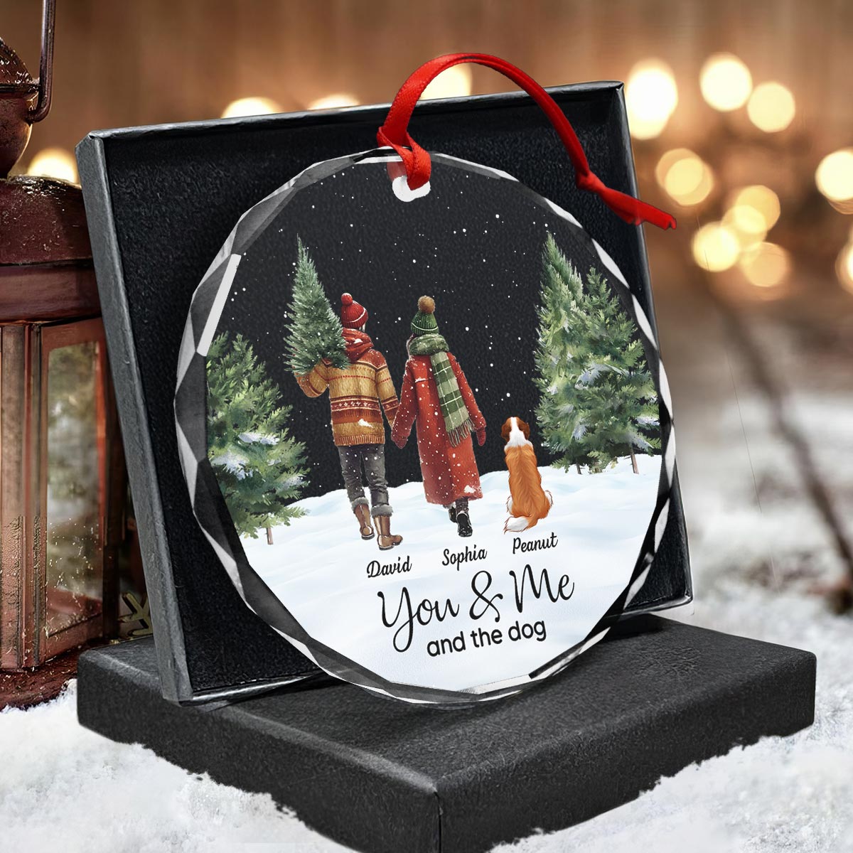 Couple You & Me And The Dog In Snowy Christmas Personalized Glass Ornament