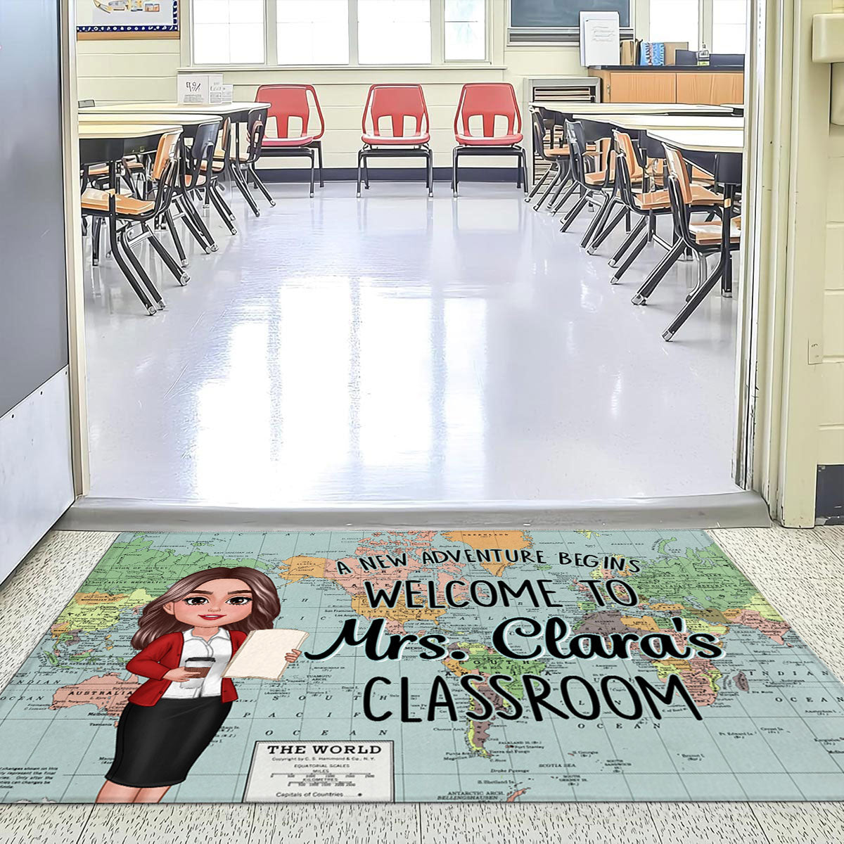 World Map Adventure Themed Welcome To Classroom Personalized Doormat, Gift For Teacher, Classroom Decor
