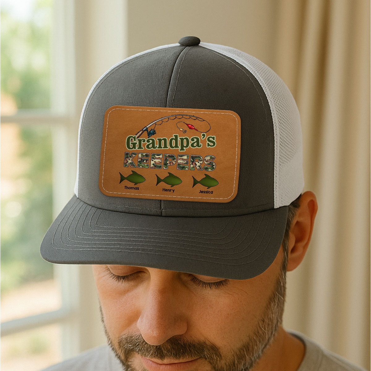 Grandpa‘s Keepers Fishing Camouflage Personalized Leather Patch Hat
