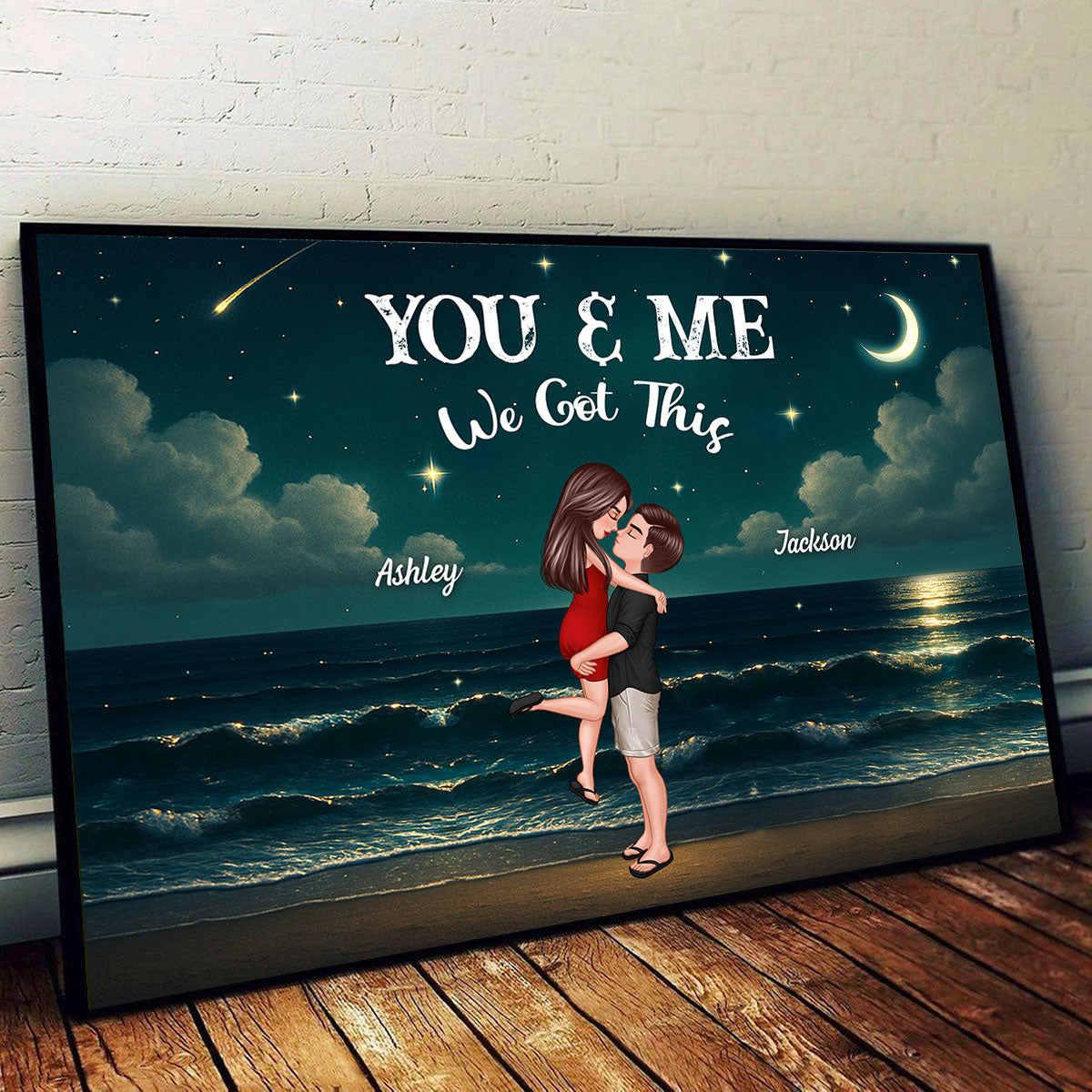 Night Beach Landscape Couple Hugging Kissing Personalized Poster, Unique & Meaningful Wall Art For Your Home