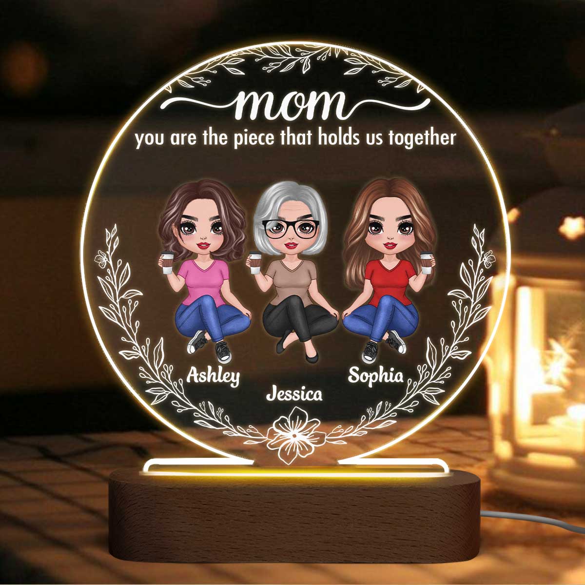 Doll Mother Daughters Simple Wreath Personalized Circle Plaque LED Night Light