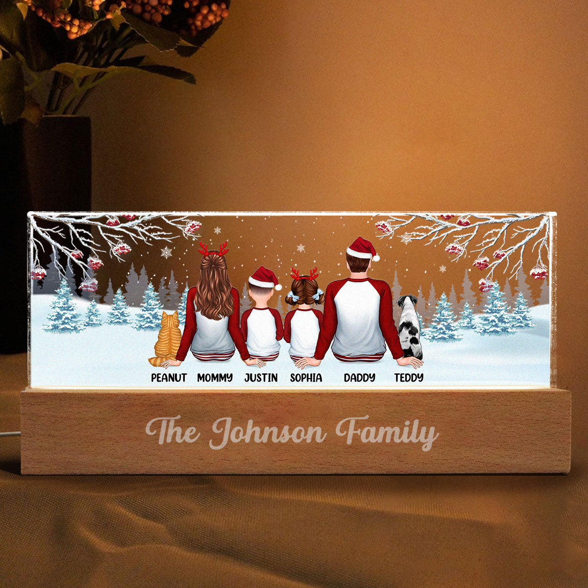 Family Back View Pajamas In Snow Personalized Acrylic Block LED Night Light