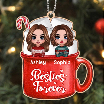 Christmas Doll Besties In Hot Cocoa Marshmallow Cup Personalized Wooden Ornament