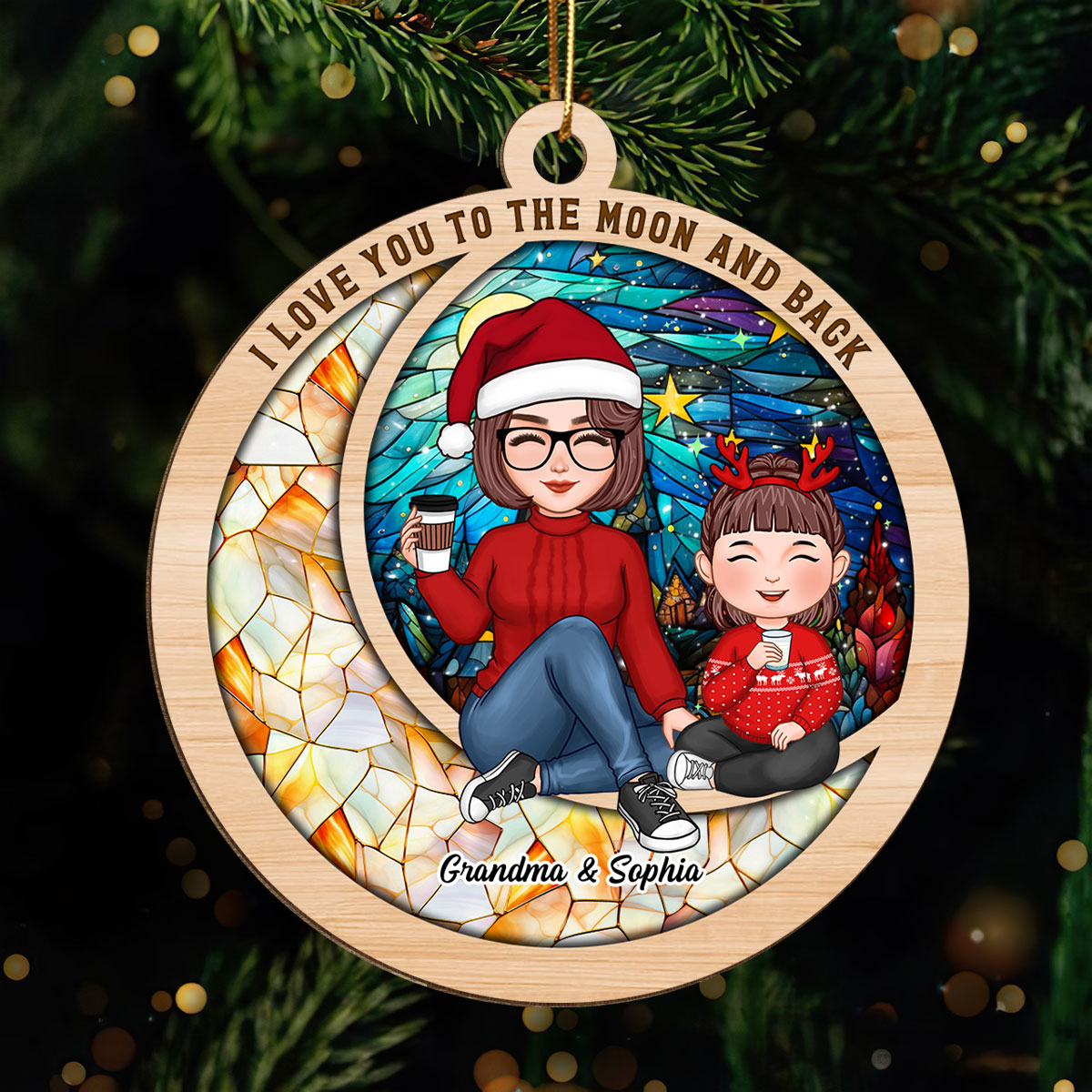 Love You To The Moon Cute Grandma Grandkid On Colorful Moon Personalized Wooden Ornament