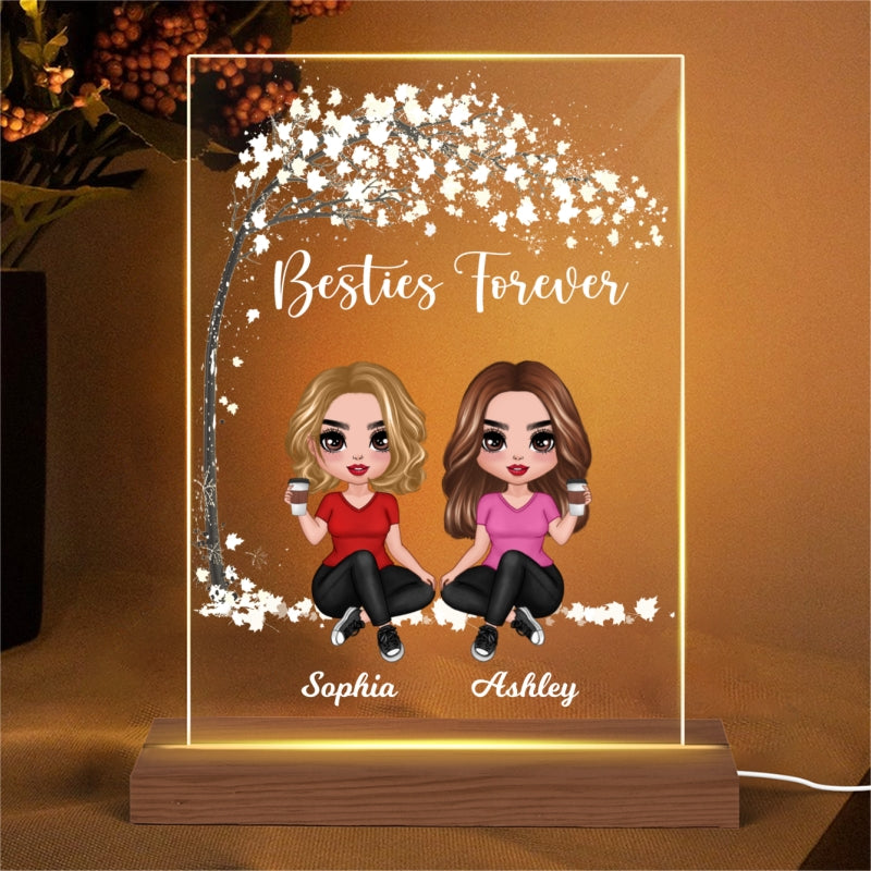 Doll Besties Sisters Sitting Under Tree Personalized Rectangle Acrylic Plaque LED Lamp Night Light