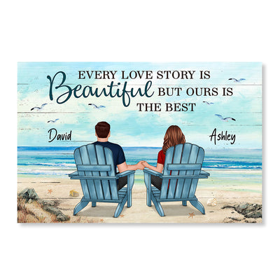Back View Couple Sitting Beach Landscape Personalized Horizontal Poster