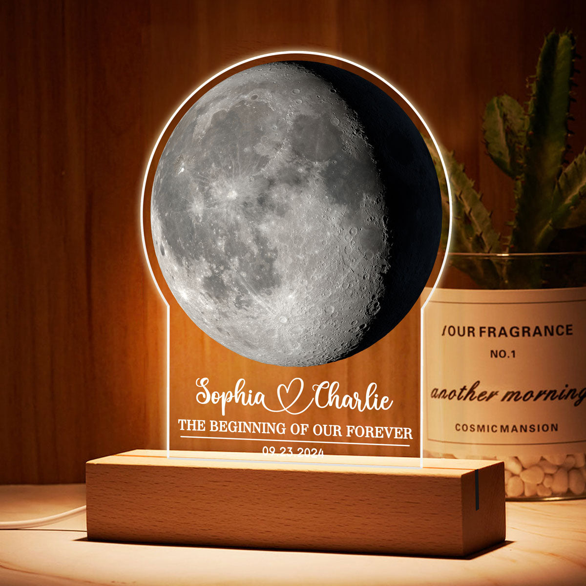 Couple Custom Moon Phase Personalized Acrylic Warm LED Night Light, Anniversary Gift, Wedding Gift