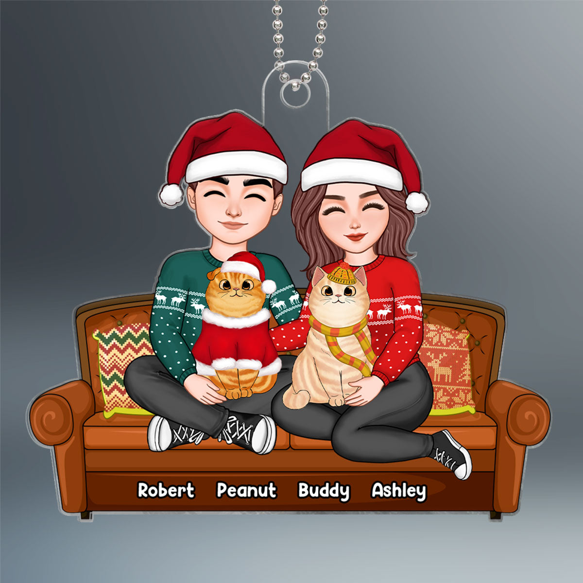 Couple Hugging Cats Sitting On Couch Personalized Christmas Acrylic Ornament