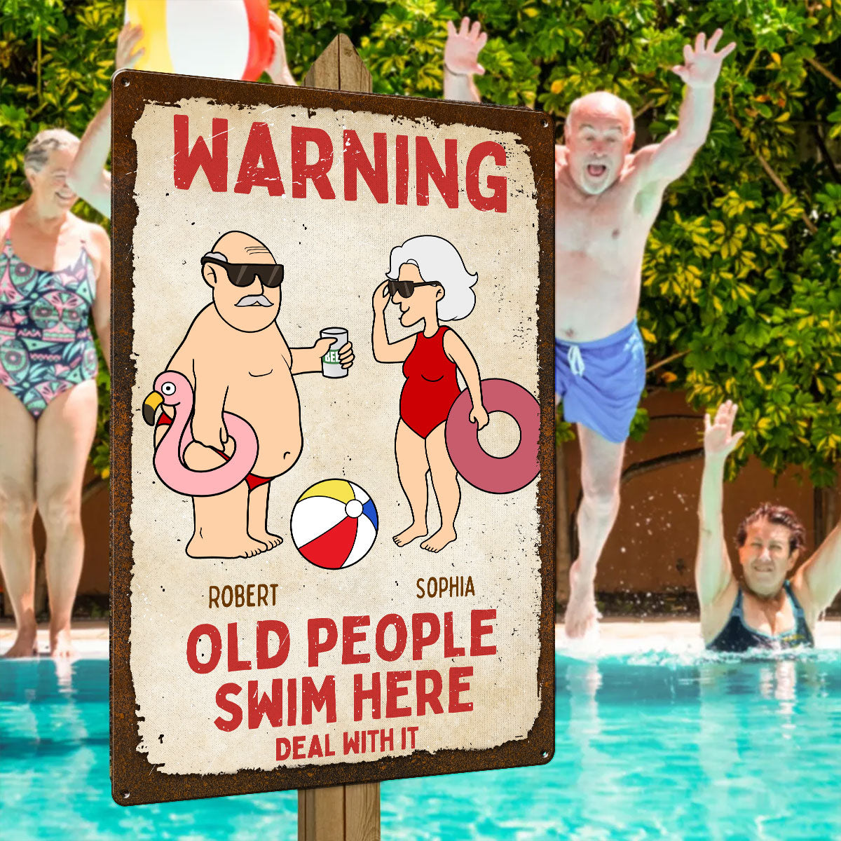 Warning Old People Swim Here Personalized Pool Metal Sign